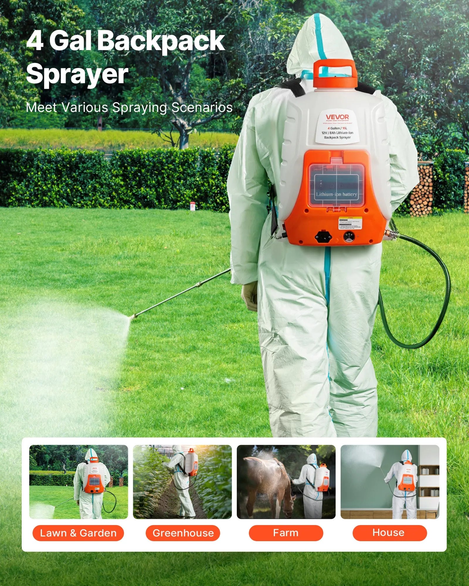 HDPE 5002 4 Gallon Battery Powered Backpack Sprayer, 0-90 PSI Adjustable Pressure, 12V 8Ah Battery, 8 Nozzles