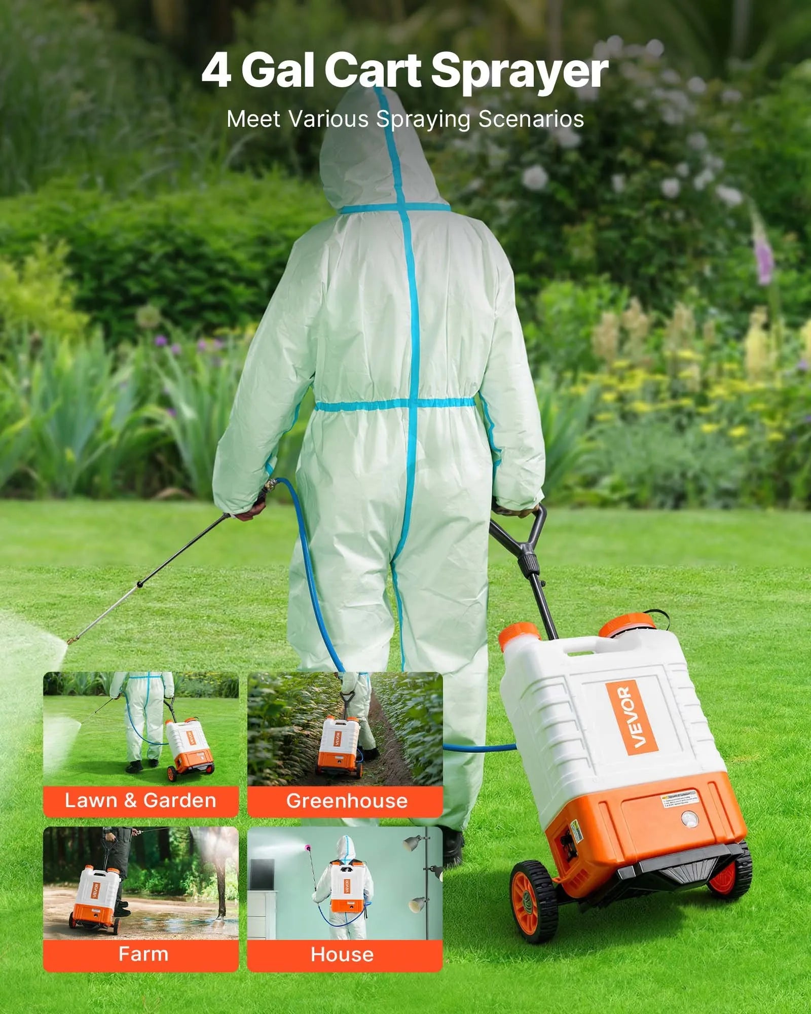 4-Gallon Battery-Powered Backpack Sprayer with Cart, 94 PSI, 12V Battery, 8 Nozzles