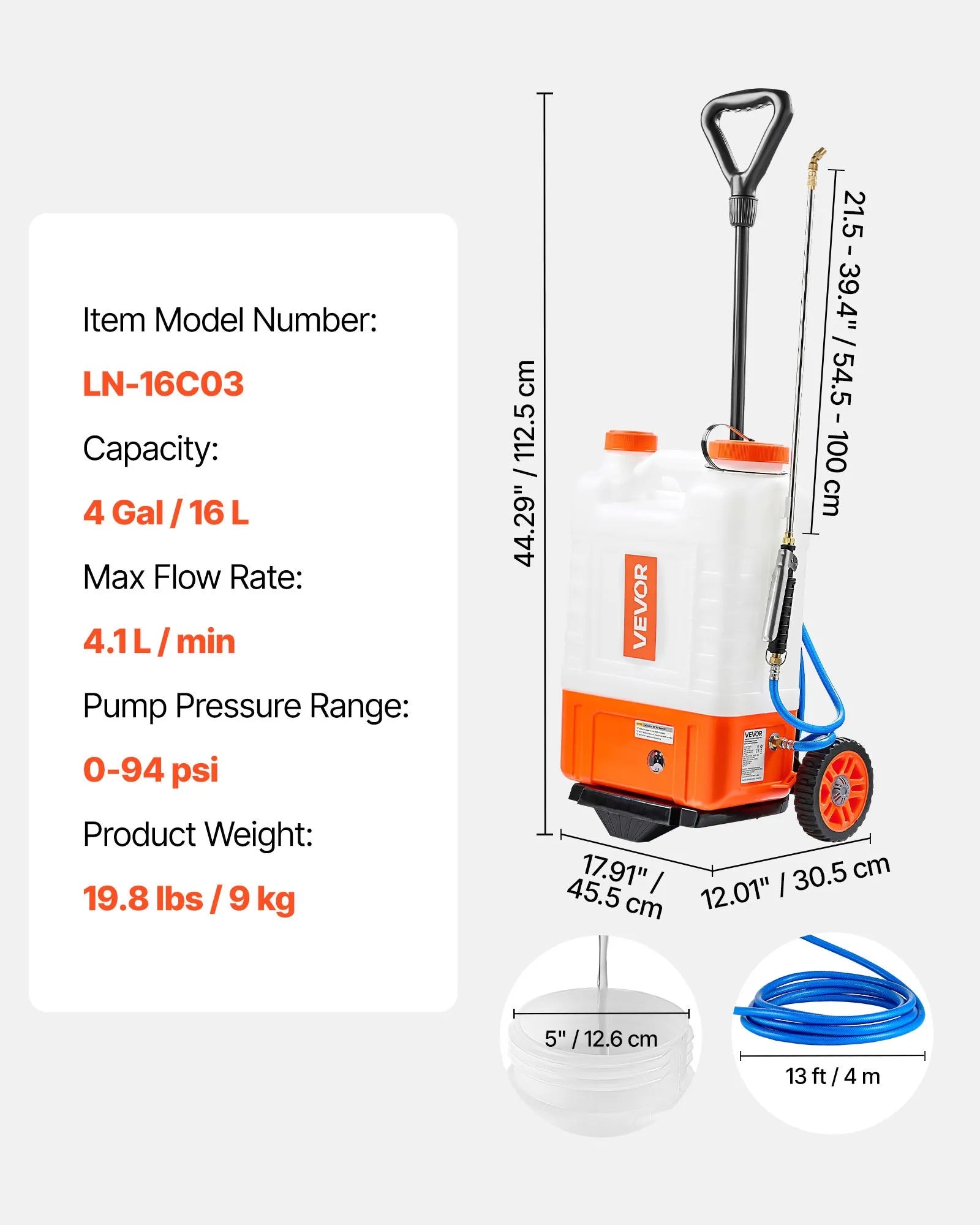 4-Gallon Battery-Powered Backpack Sprayer with Cart, 94 PSI, 12V Battery, 8 Nozzles
