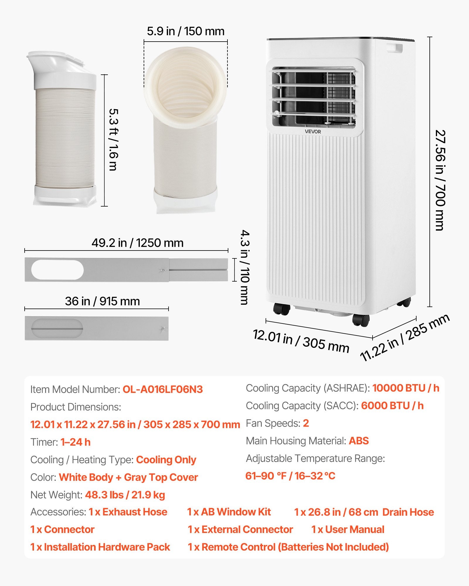 10,000 BTU Portable Air Conditioner, 3-in-1 Cooling Unit with Remote, Timer & Dehumidifier, White