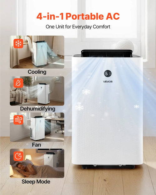 14,000 BTU Portable Air Conditioner, 4-in-1 Cooling Unit with Remote & 24H Timer