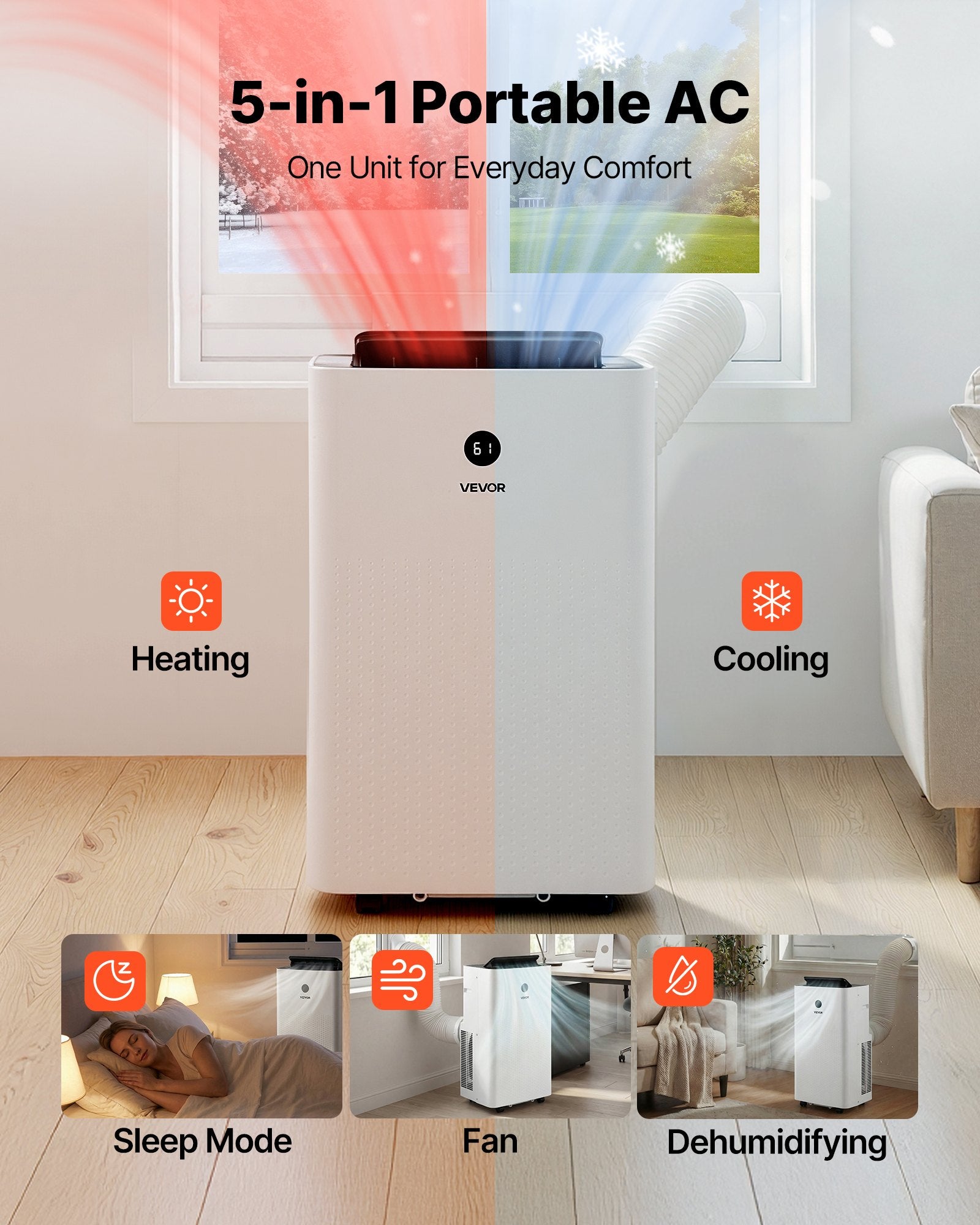 14,000 BTU Portable Air Conditioner & Heater Combo, 5-in-1 AC Unit