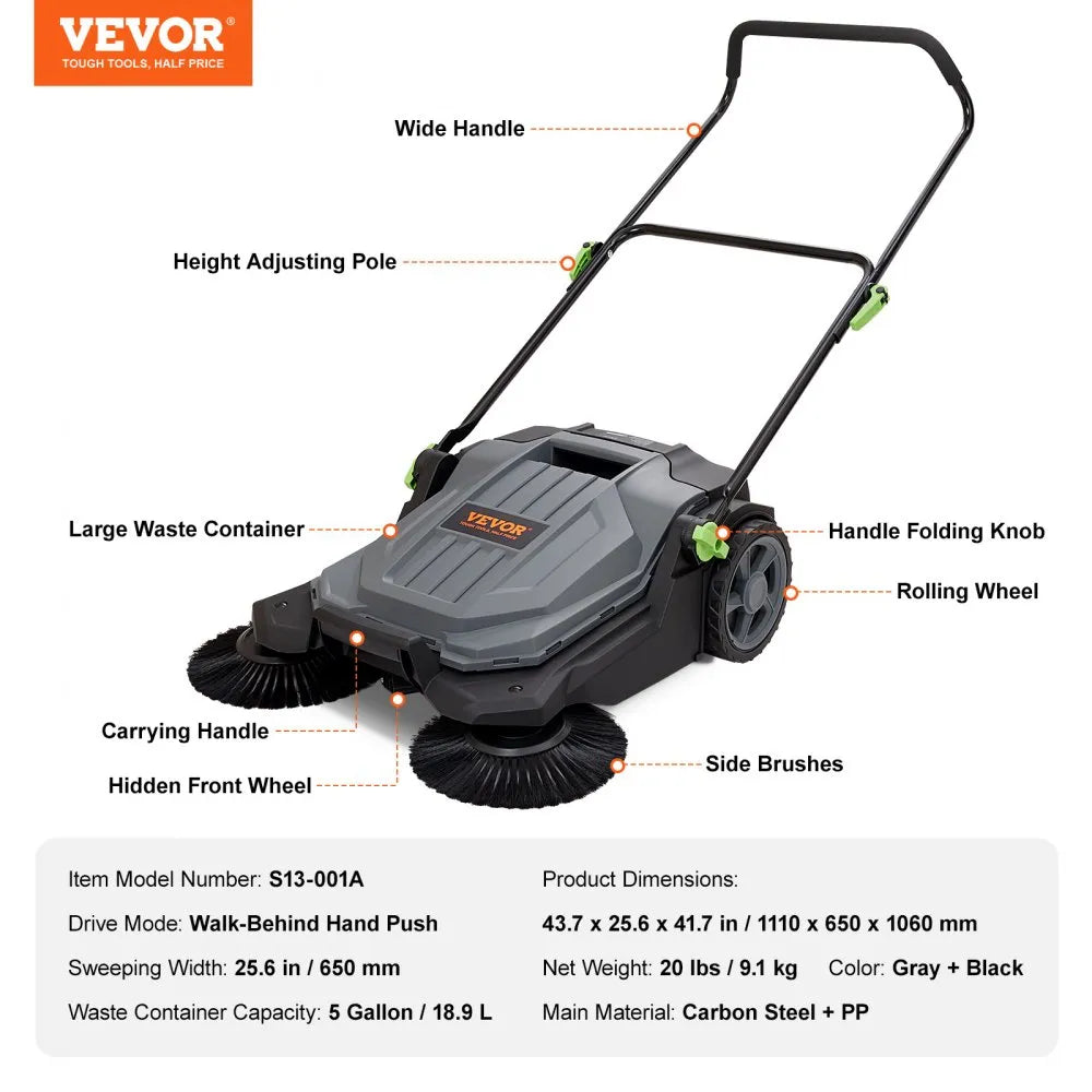 S13-001A Walk-Behind Hand Push Floor Sweeper 25.6" Manual Non-Electric with 5-Gallon Waste Container