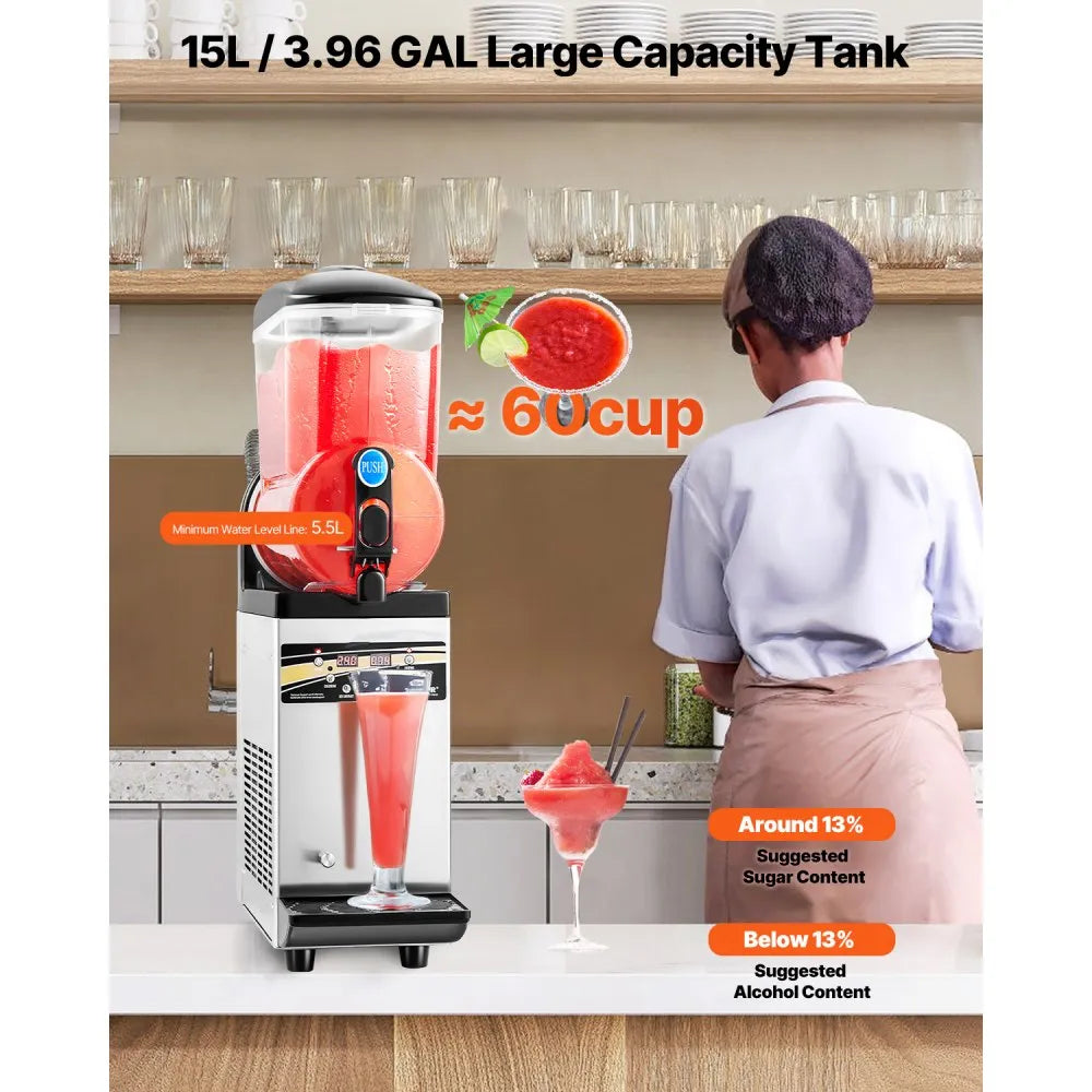 X-150 Commercial Frozen Drink Maker 15L Single Tank Slushy Machine – Stainless Steel Margarita & Smoothie Maker (60 Cups)