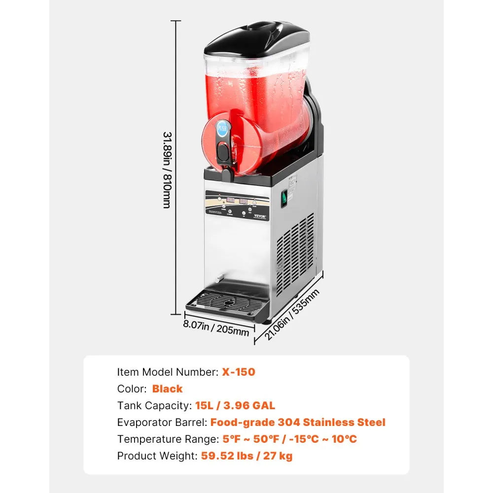 X-150 Commercial Frozen Drink Maker 15L Single Tank Slushy Machine – Stainless Steel Margarita & Smoothie Maker (60 Cups)