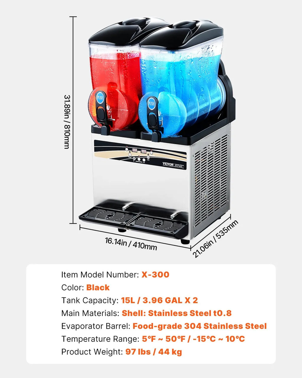 X-300 Commercial Frozen Drink Maker 30L (15L x 2) Double Tank Slushy Machine - Stainless Steel, 120 Cups
