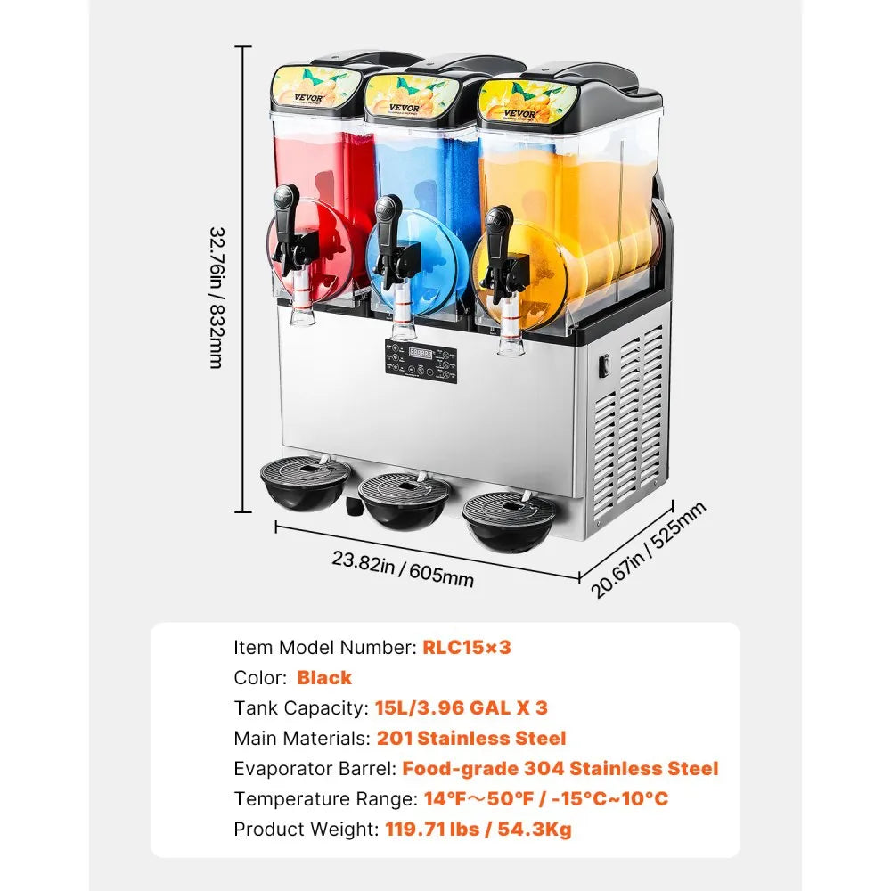 RLC15×3 Commercial Triple Tank Slushy Machine – 15L x 3 Frozen Drink Maker, Stainless Steel