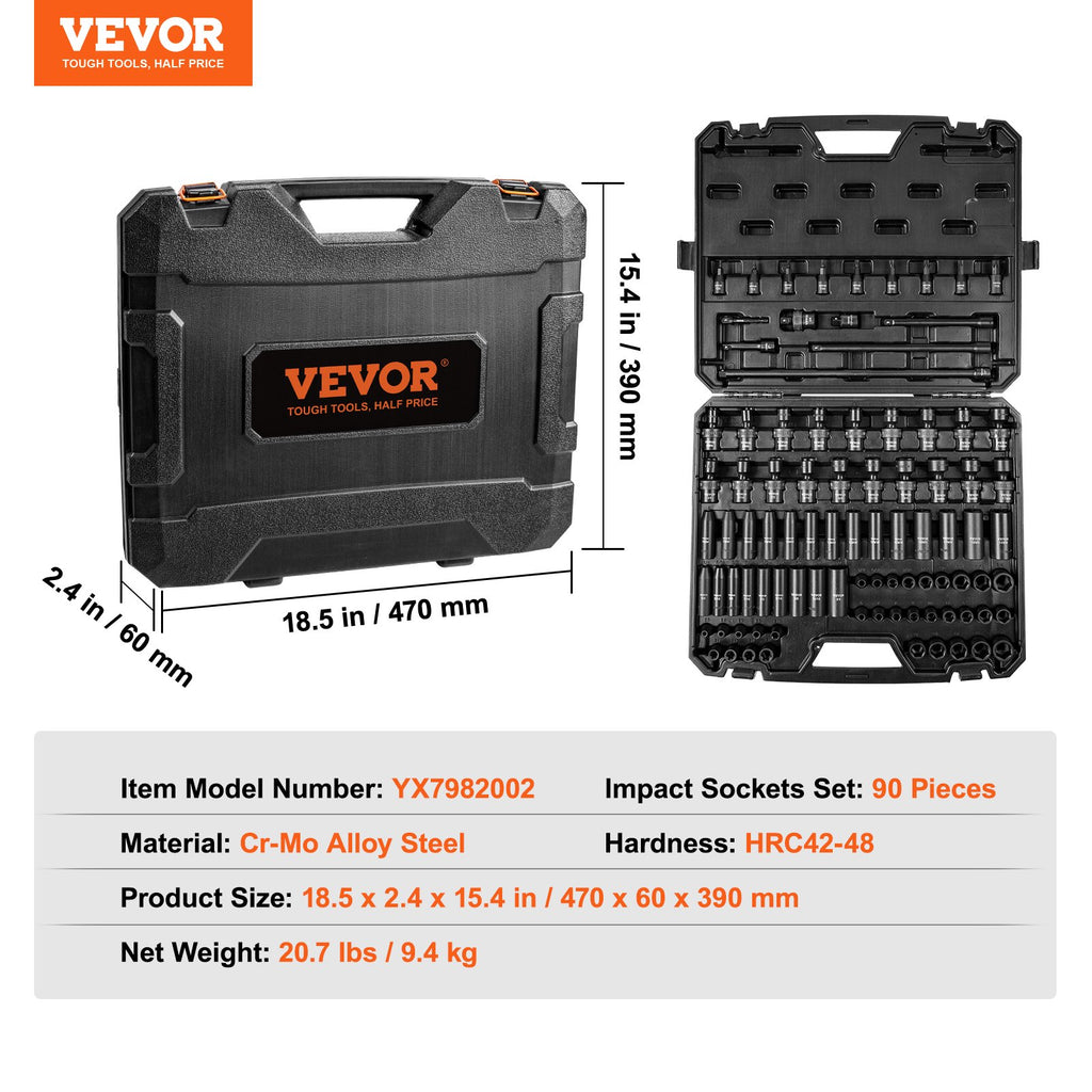 YX7982002 90-Piece 3/8" Drive Impact Socket Set, SAE & Metric Cr-Mo Steel with Case