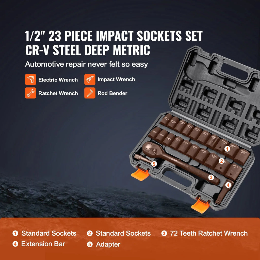 SS213823A 23-Piece 1/2" Drive Impact Socket Set SAE & Metric with Ratchet Handle