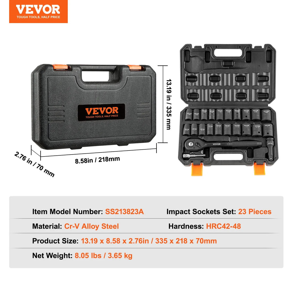 SS213823A 23-Piece 1/2" Drive Impact Socket Set SAE & Metric with Ratchet Handle