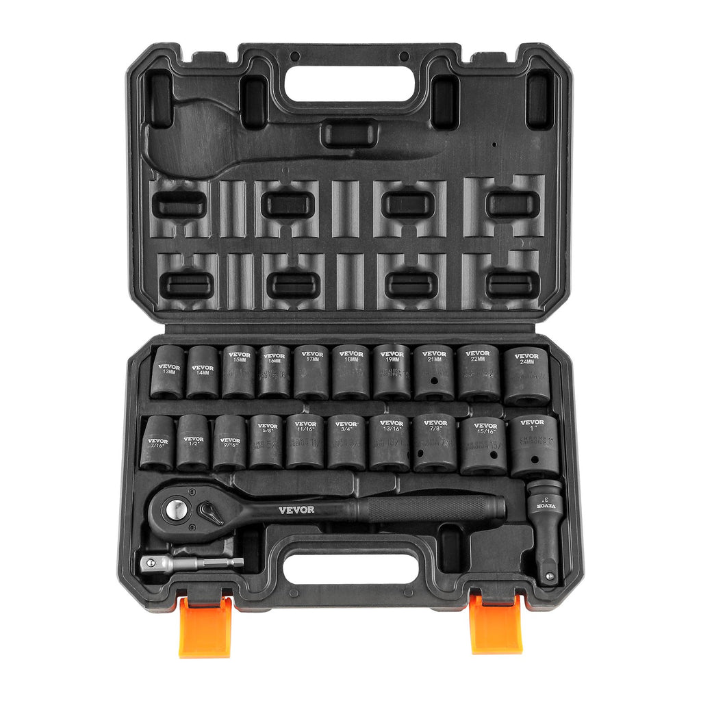 SS213823A 23-Piece 1/2" Drive Impact Socket Set SAE & Metric with Ratchet Handle