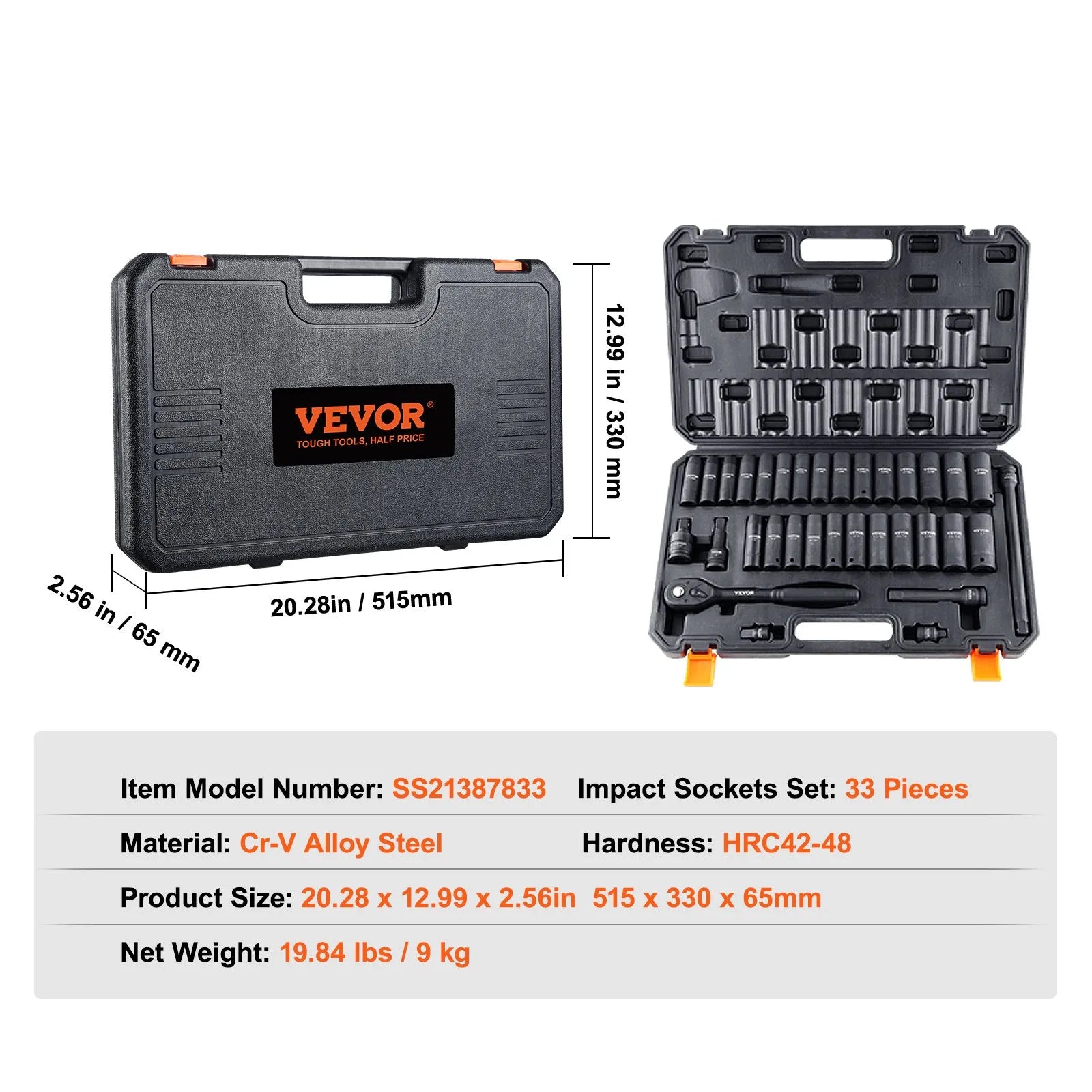 SS21387833 33-Piece 1/2" Drive Impact Socket Set, SAE & Metric Cr-V Steel Sockets with Storage Case