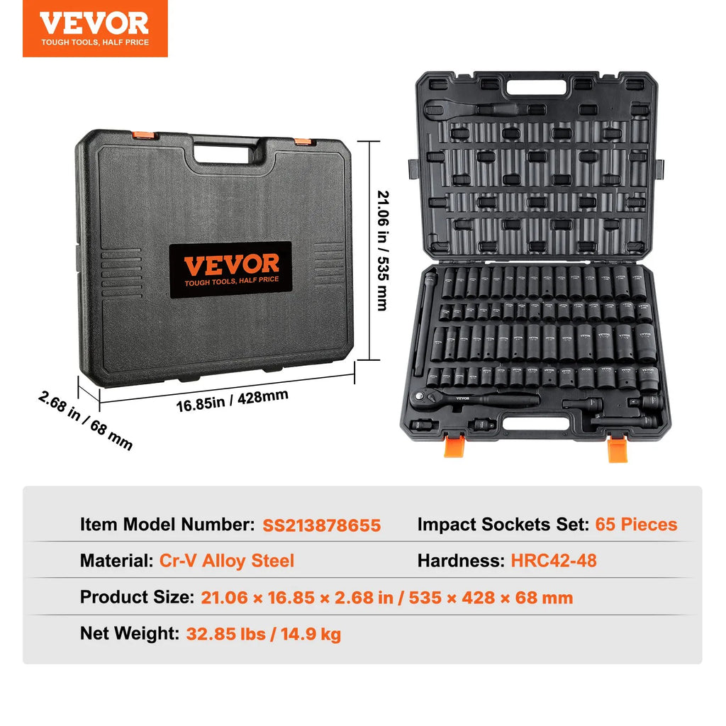 SS213878655 65-Piece 1/2" Drive Impact Socket Set SAE & Metric Cr-V Steel with Case
