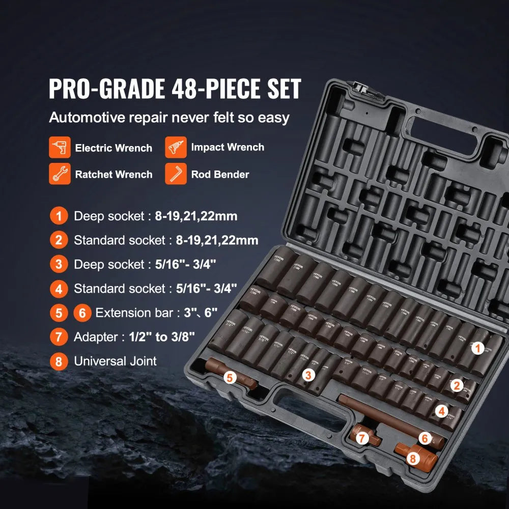 SS38306548 48-Piece 3/8" Drive Impact Socket Set SAE & Metric Cr-V Steel