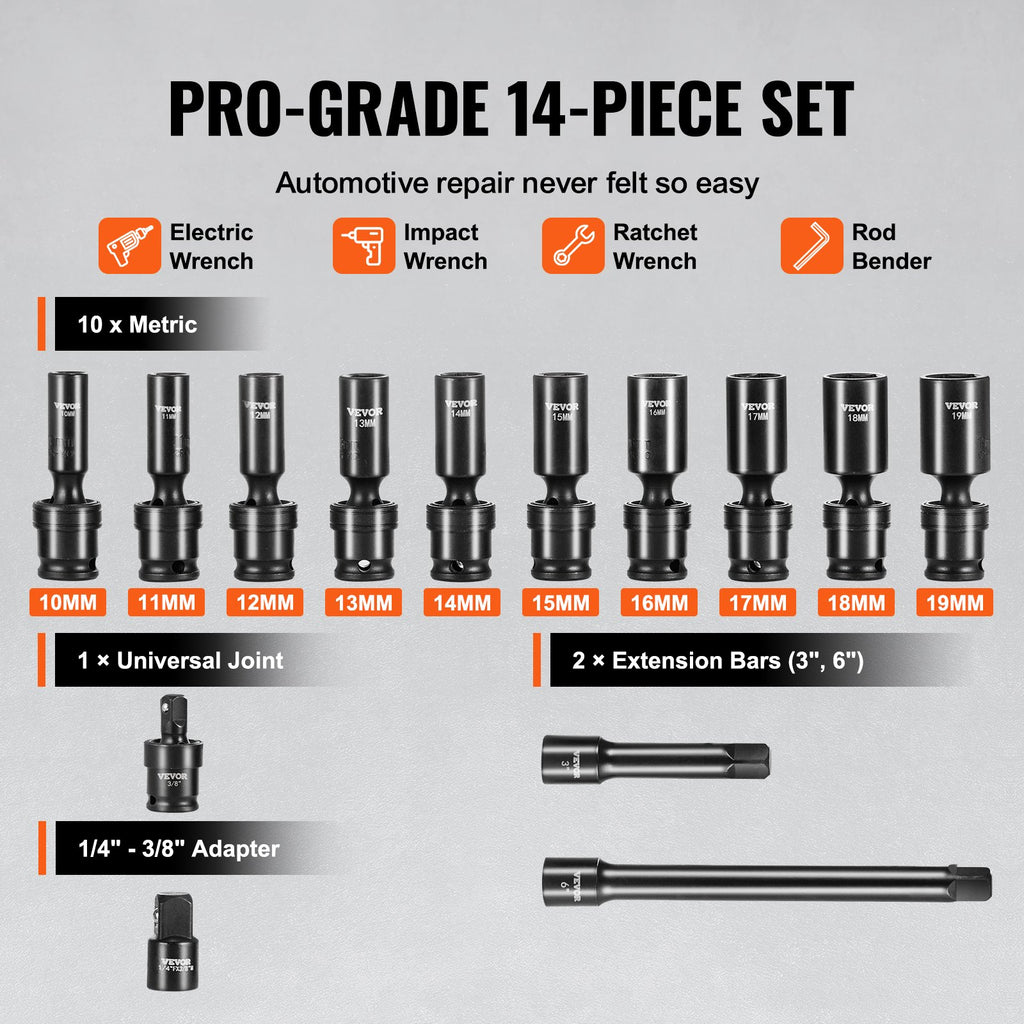 SX38MUN1400 14PCS 3/8" Drive Universal Impact Socket Set, Metric 10-19mm