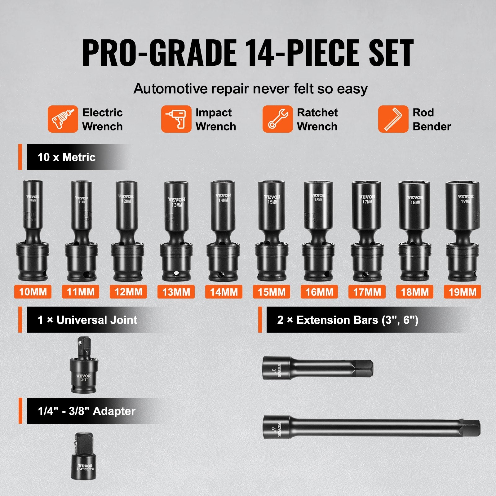 SX38MUN1400 14PCS 3/8" Drive Universal Impact Socket Set, Metric 10-19mm