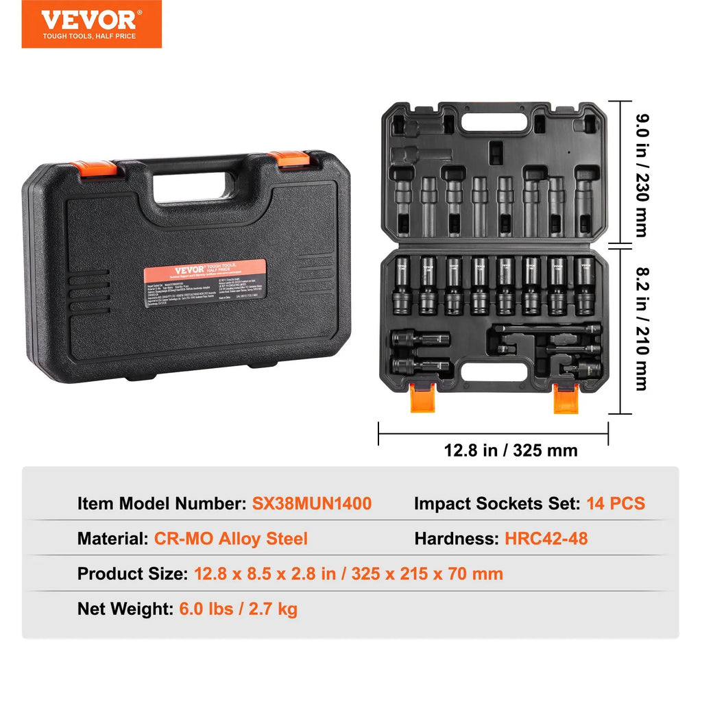 SX38MUN1400 14PCS 3/8" Drive Universal Impact Socket Set, Metric 10-19mm