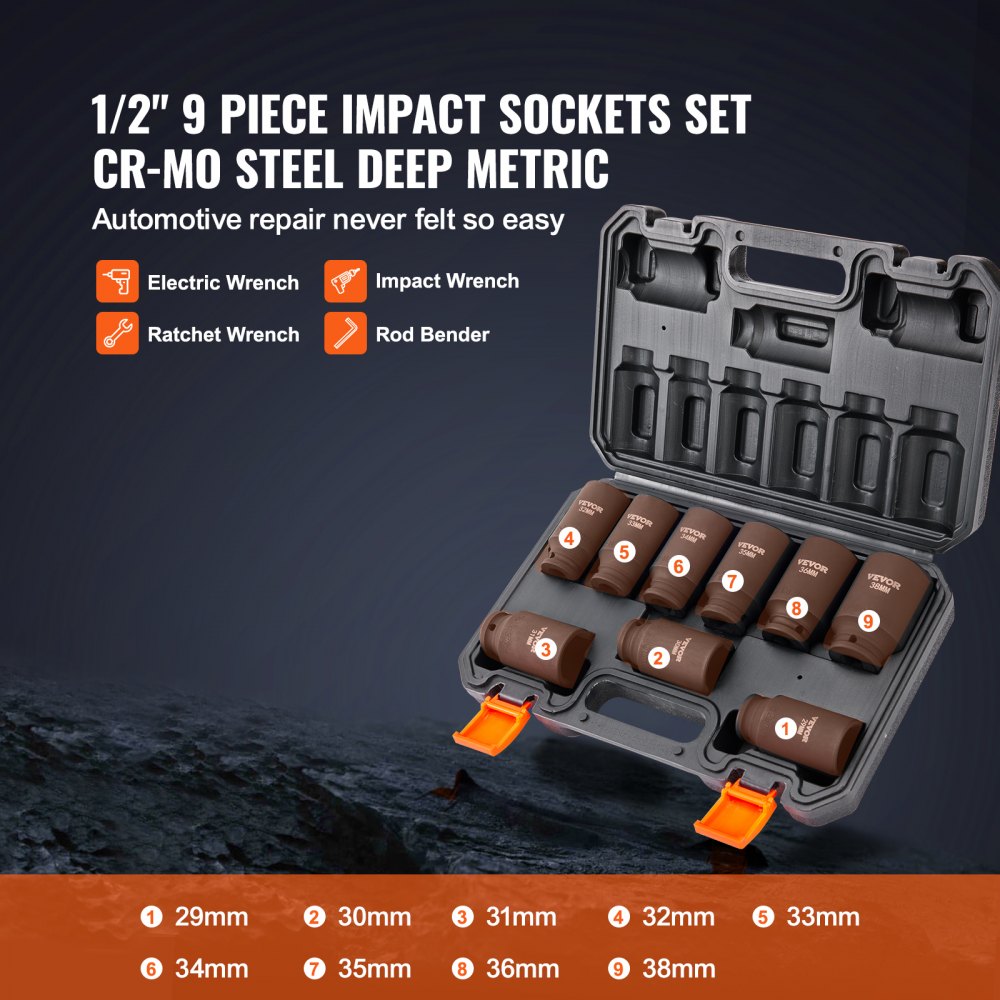 SS217809A 9-Piece 1/2" Drive Deep Impact Socket Set, Metric 29-38mm, Cr-Mo Steel