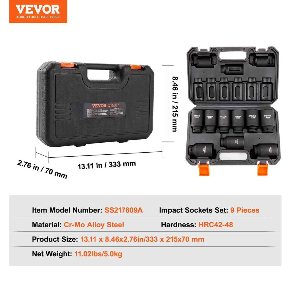 SS217809A 9-Piece 1/2" Drive Deep Impact Socket Set, Metric 29-38mm, Cr-Mo Steel