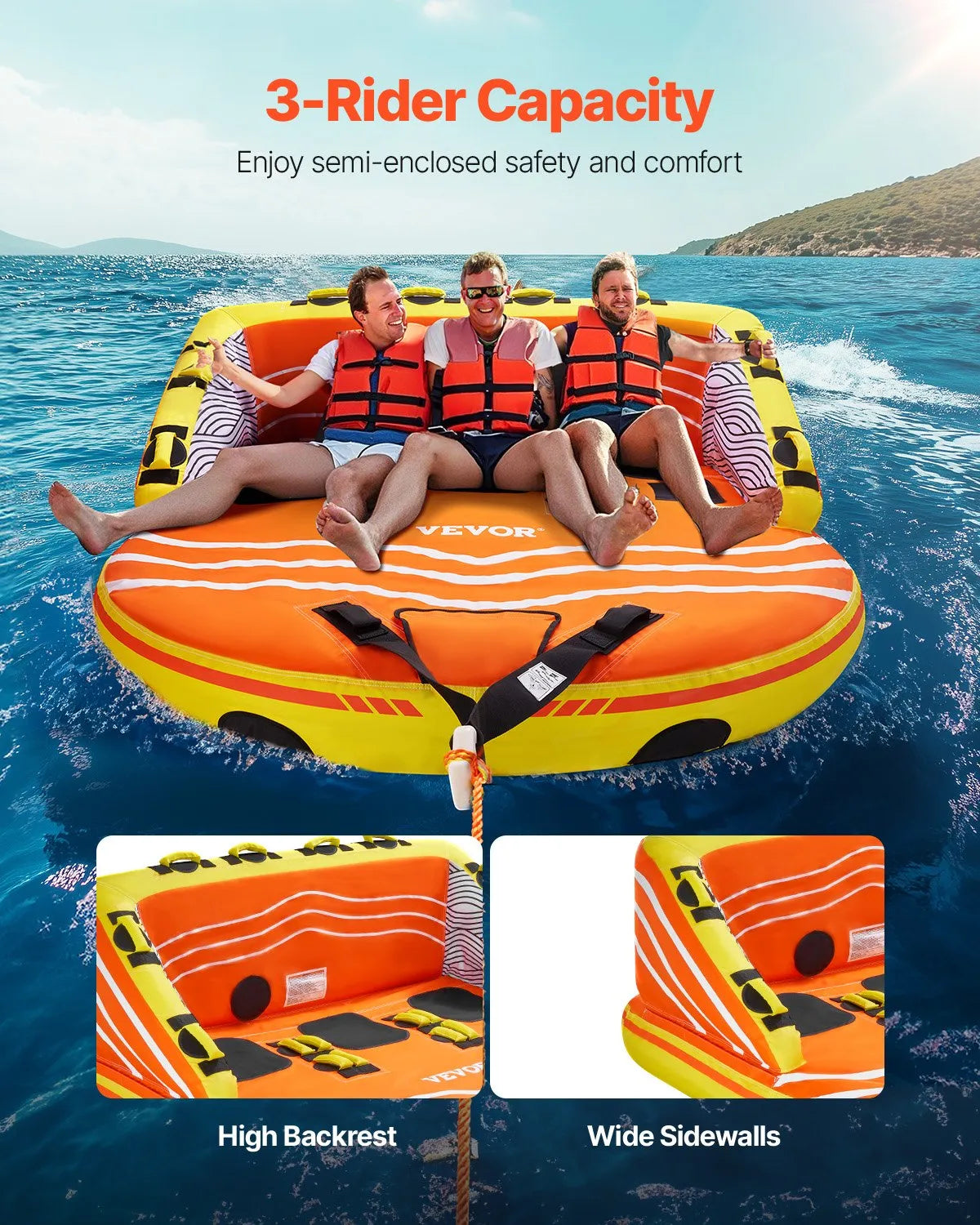 SS-1006 3-Person Towable Boat Tube, Inflatable Water Sports Tube with Nylon Cover, Dual Tow Points, 510 lb Capacity