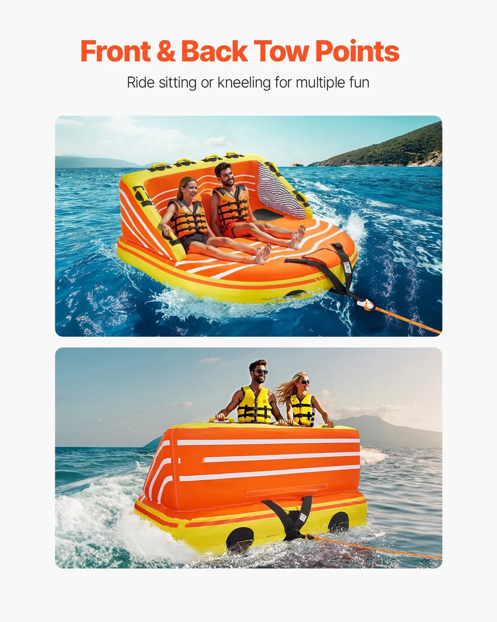 SS-1006 3-Person Towable Boat Tube, Inflatable Water Sports Tube with Nylon Cover, Dual Tow Points, 510 lb Capacity