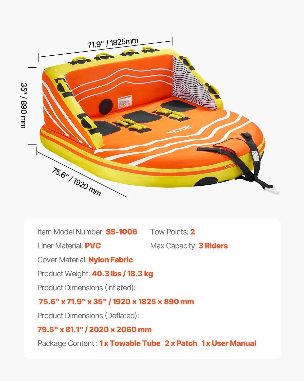 SS-1006 3-Person Towable Boat Tube, Inflatable Water Sports Tube with Nylon Cover, Dual Tow Points, 510 lb Capacity