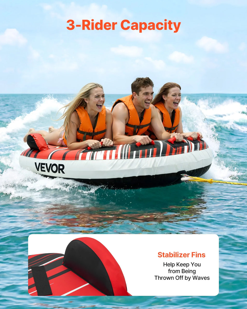 SS-1012 3-Person Towable Tube for Boating, Inflatable Water Sports Tube, 510 lbs Capacity