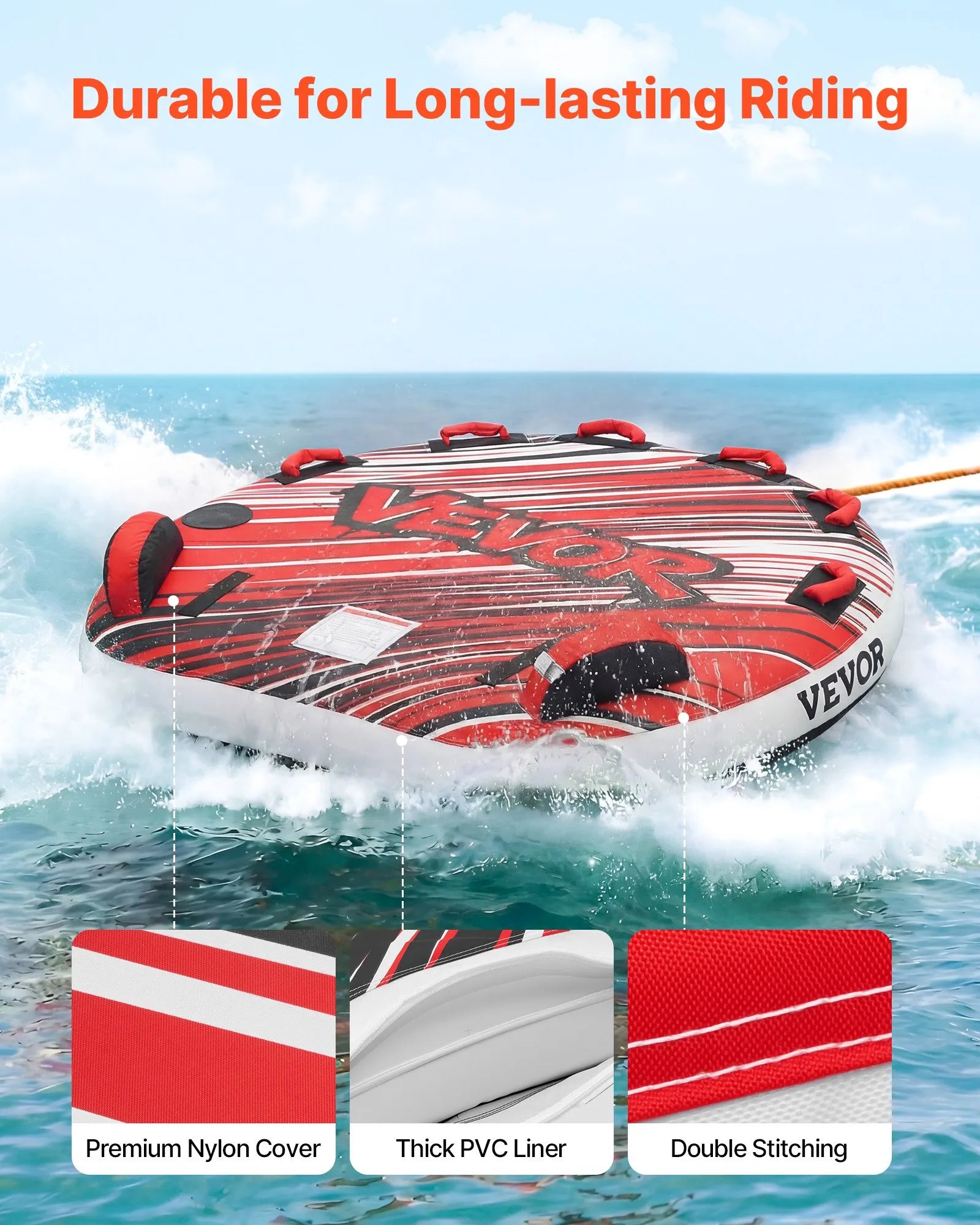 SS-1012 3-Person Towable Tube for Boating, Inflatable Water Sports Tube, 510 lbs Capacity