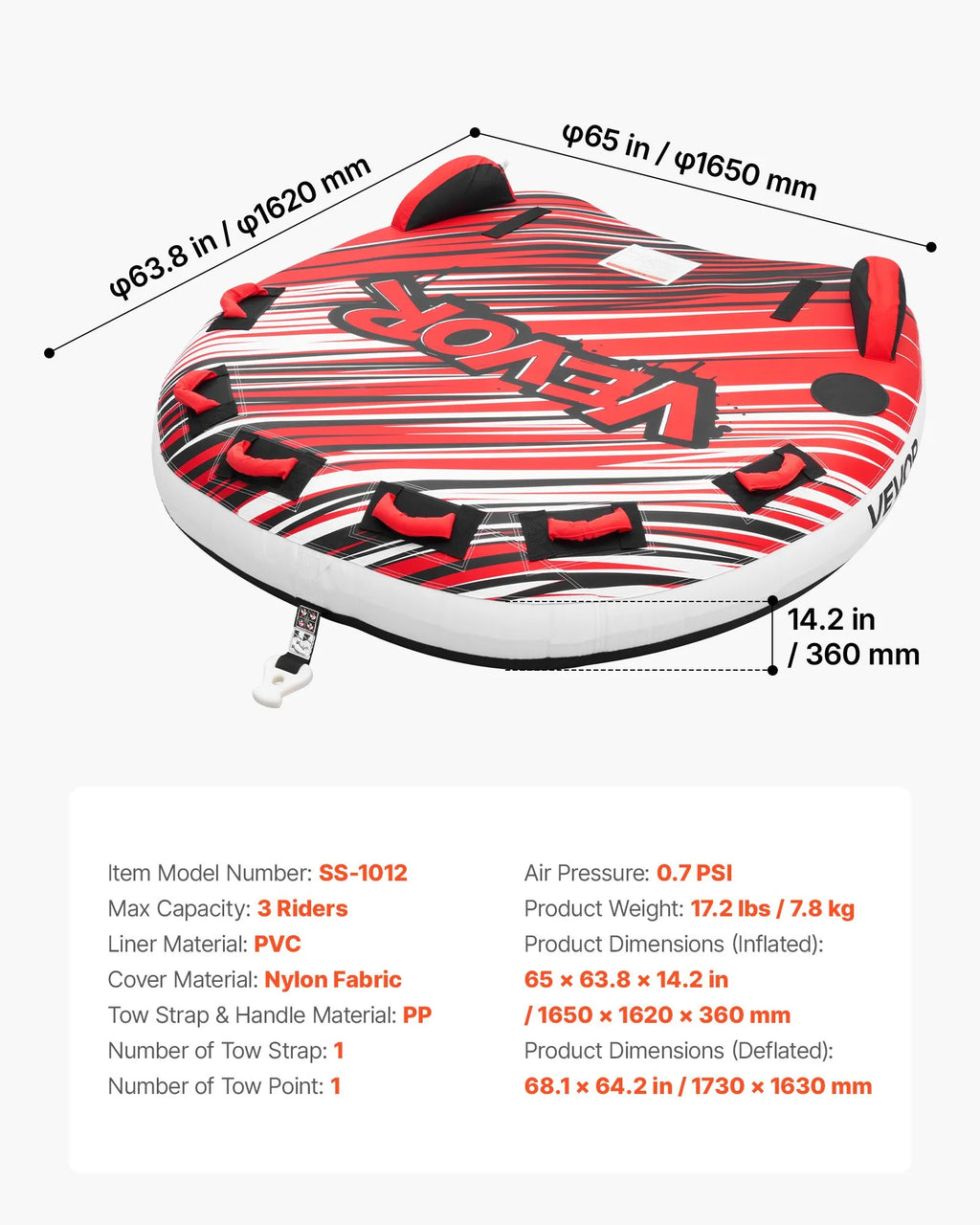 SS-1012 3-Person Towable Tube for Boating, Inflatable Water Sports Tube, 510 lbs Capacity