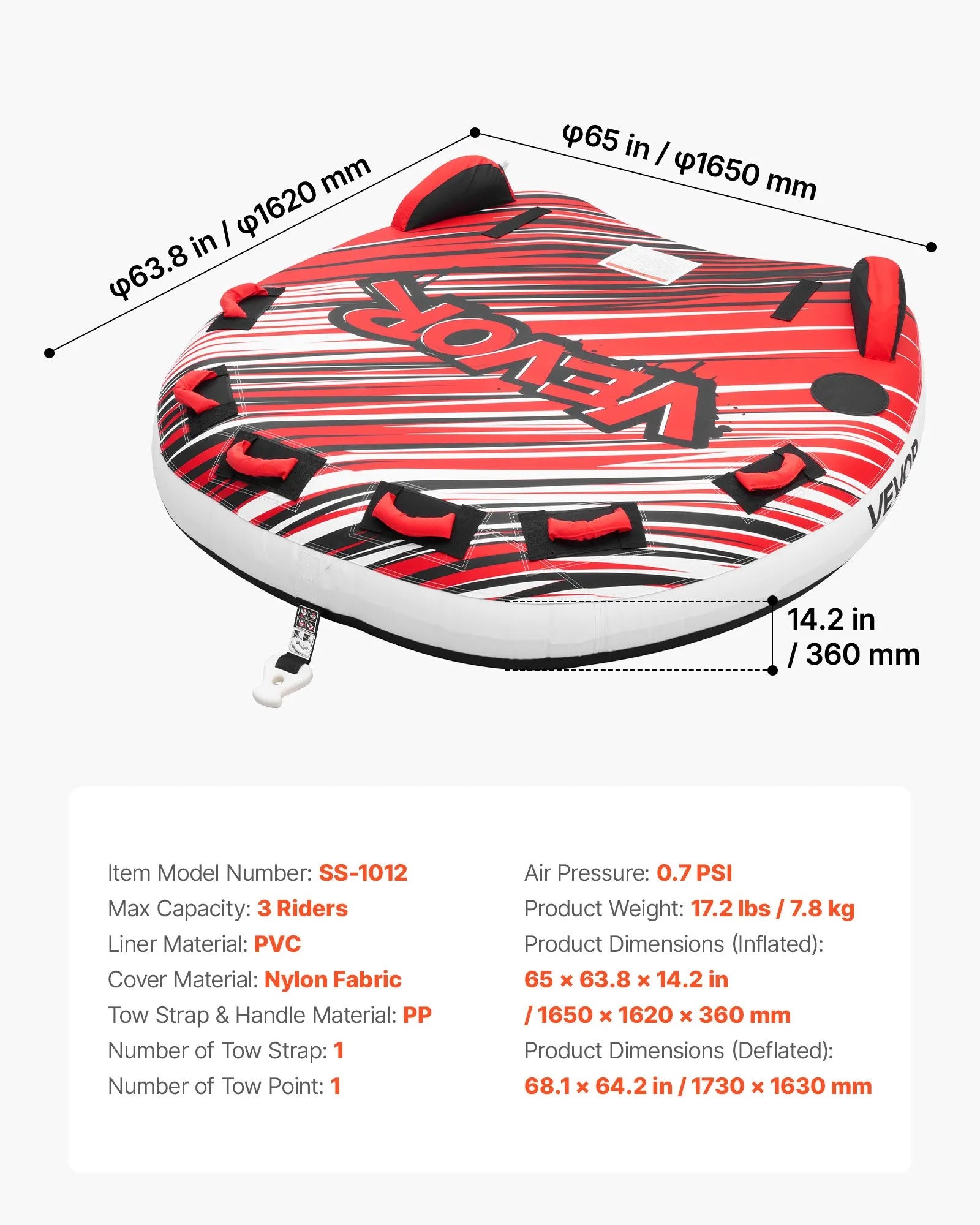 SS-1012 3-Person Towable Tube for Boating, Inflatable Water Sports Tube, 510 lbs Capacity