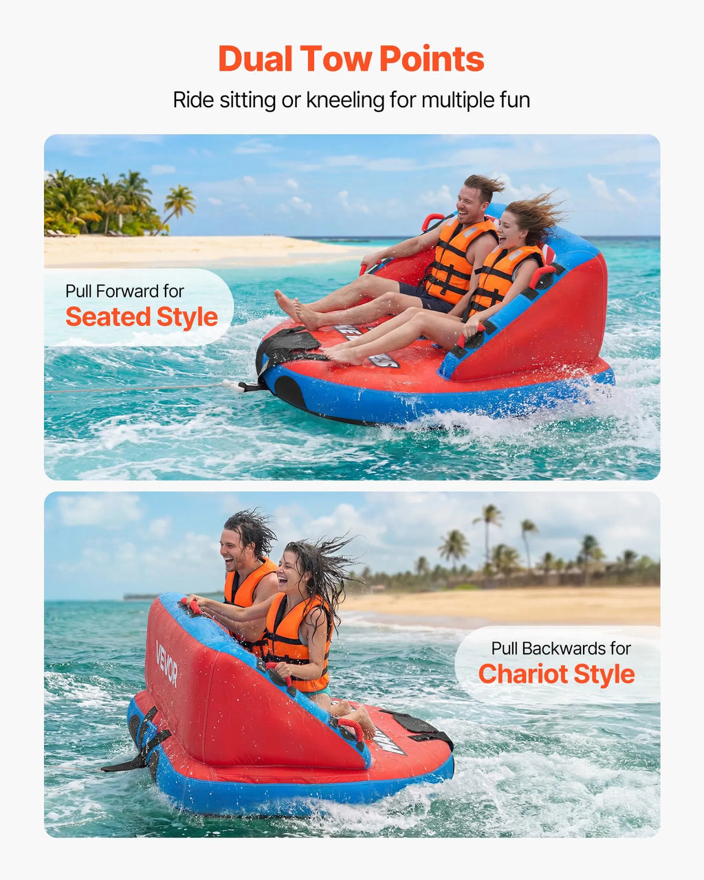 SS-1018 2-Person Towable Boat Tube Inflatable Water Sports Tube with Nylon Cover & Dual Tow Points