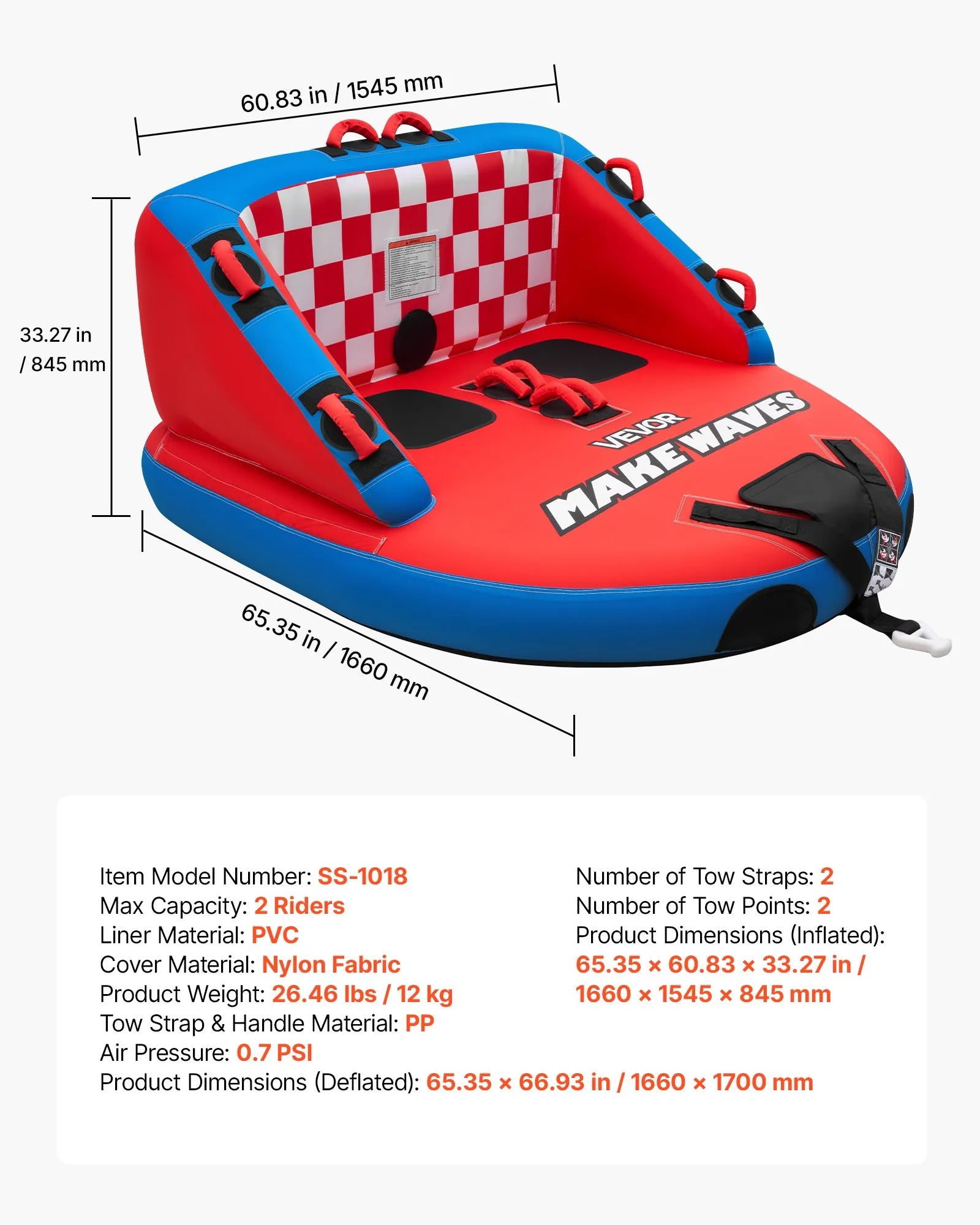 SS-1018 2-Person Towable Boat Tube Inflatable Water Sports Tube with Nylon Cover & Dual Tow Points