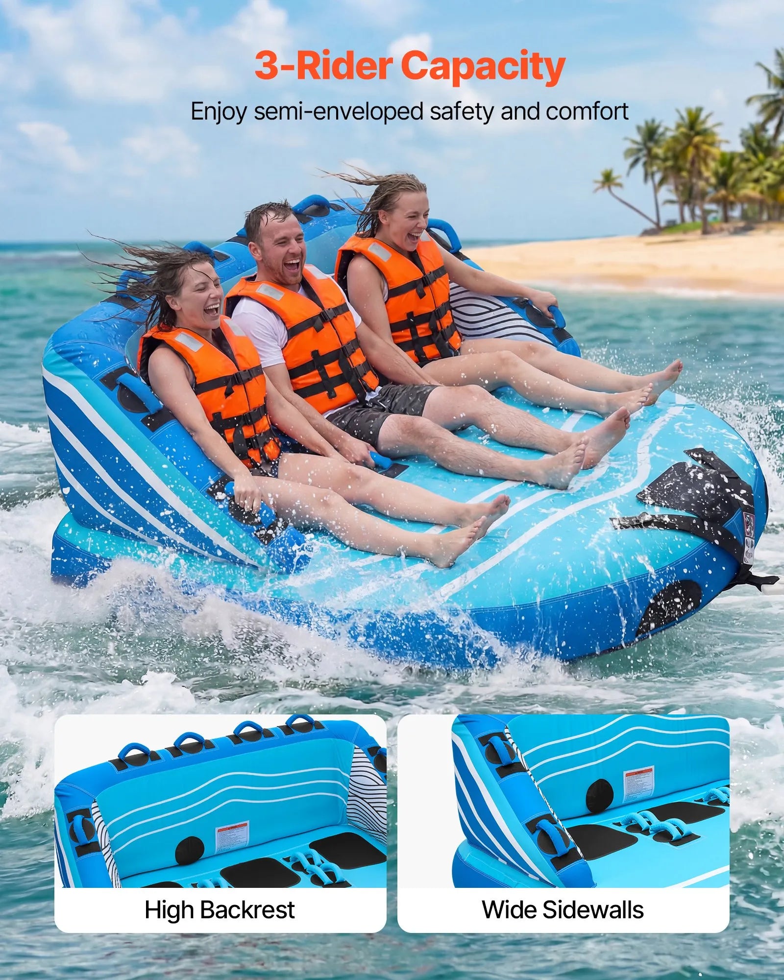 SS-1019 3-Person Towable Boat Tube Inflatable Water Sports Tube with Nylon Cover & Dual Tow Points