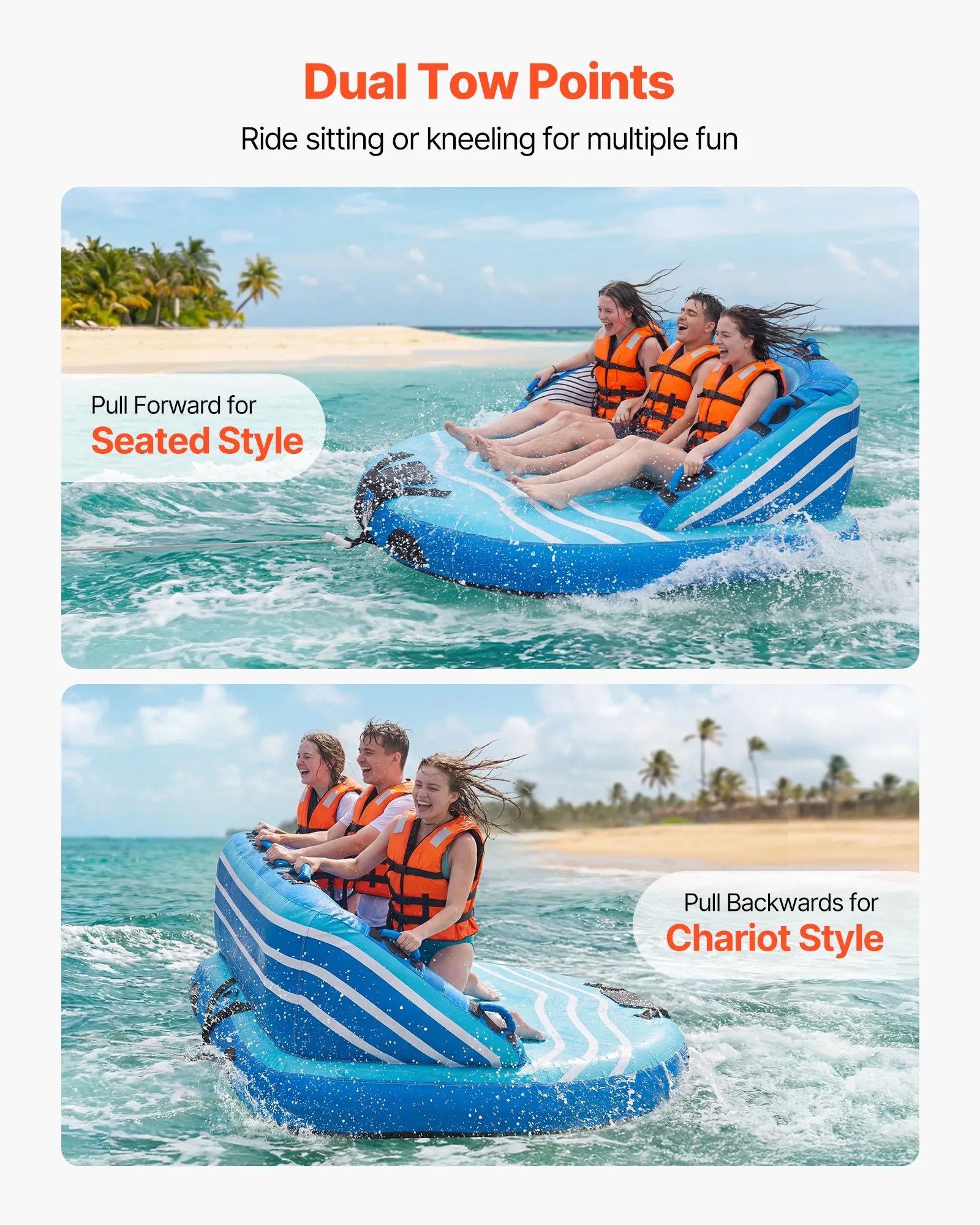 SS-1019 3-Person Towable Boat Tube Inflatable Water Sports Tube with Nylon Cover & Dual Tow Points