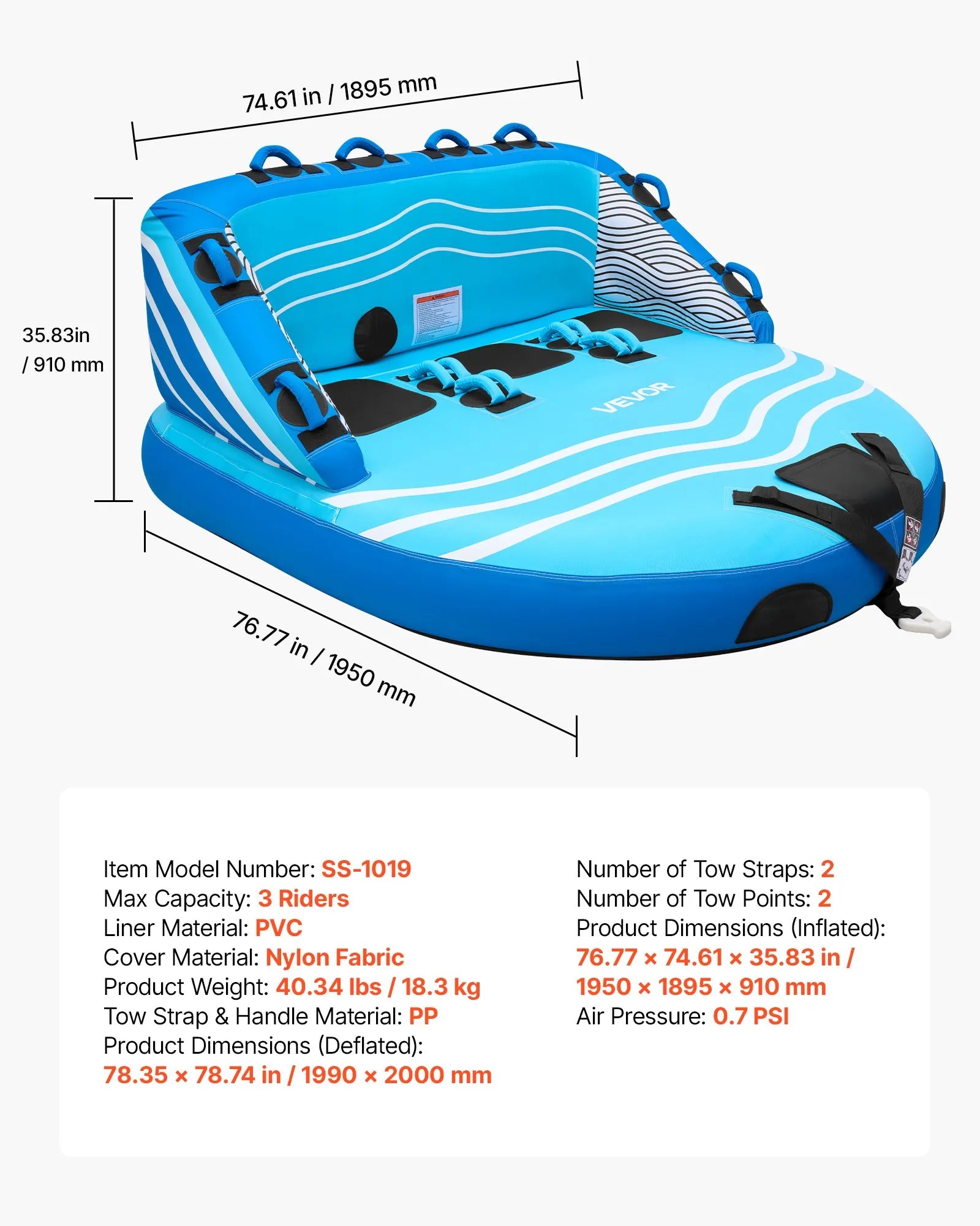 SS-1019 3-Person Towable Boat Tube Inflatable Water Sports Tube with Nylon Cover & Dual Tow Points
