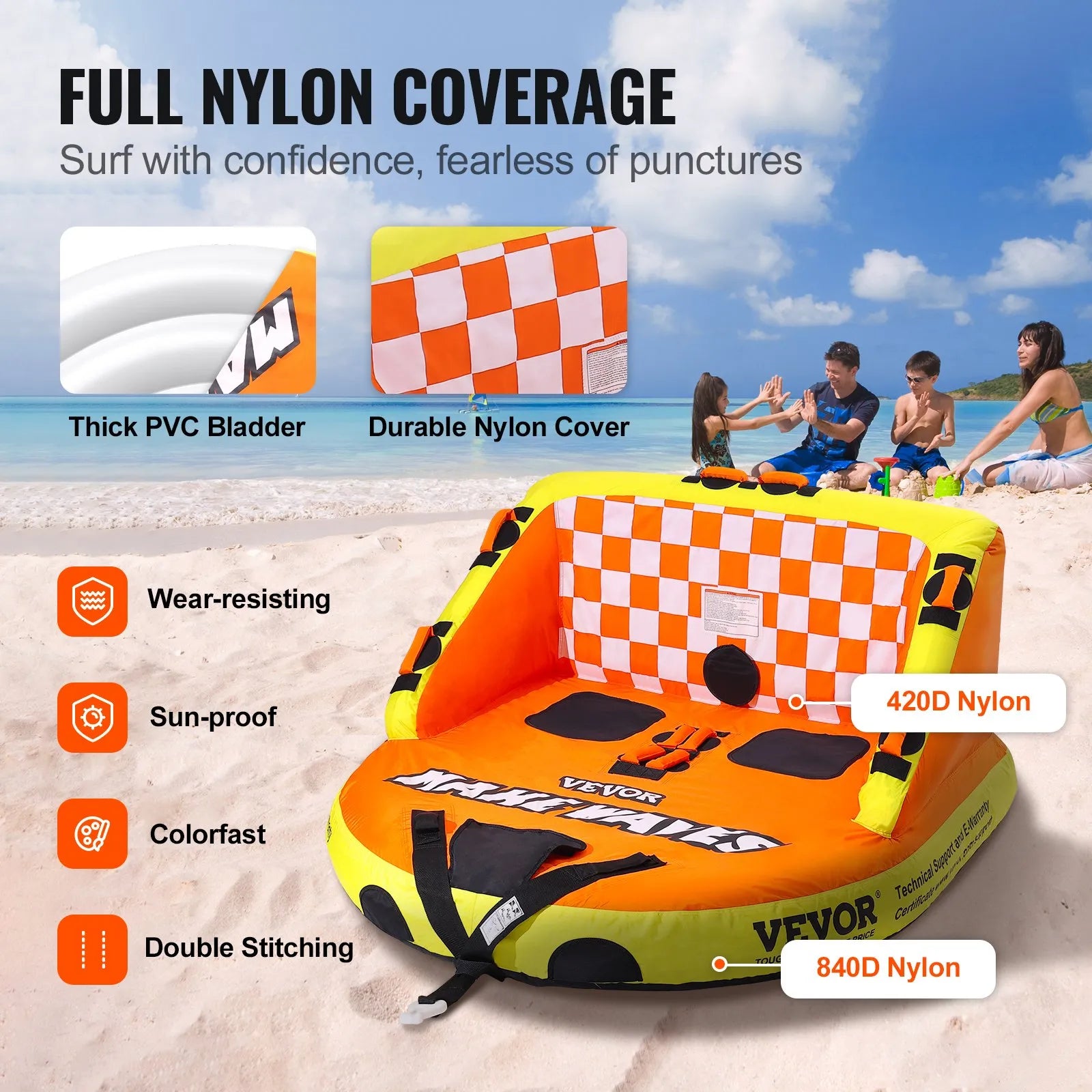 SS-1001 2-Person Towable Boat Tube with Backrest, 340 lb Capacity, Nylon Covered Inflatable Water Tube