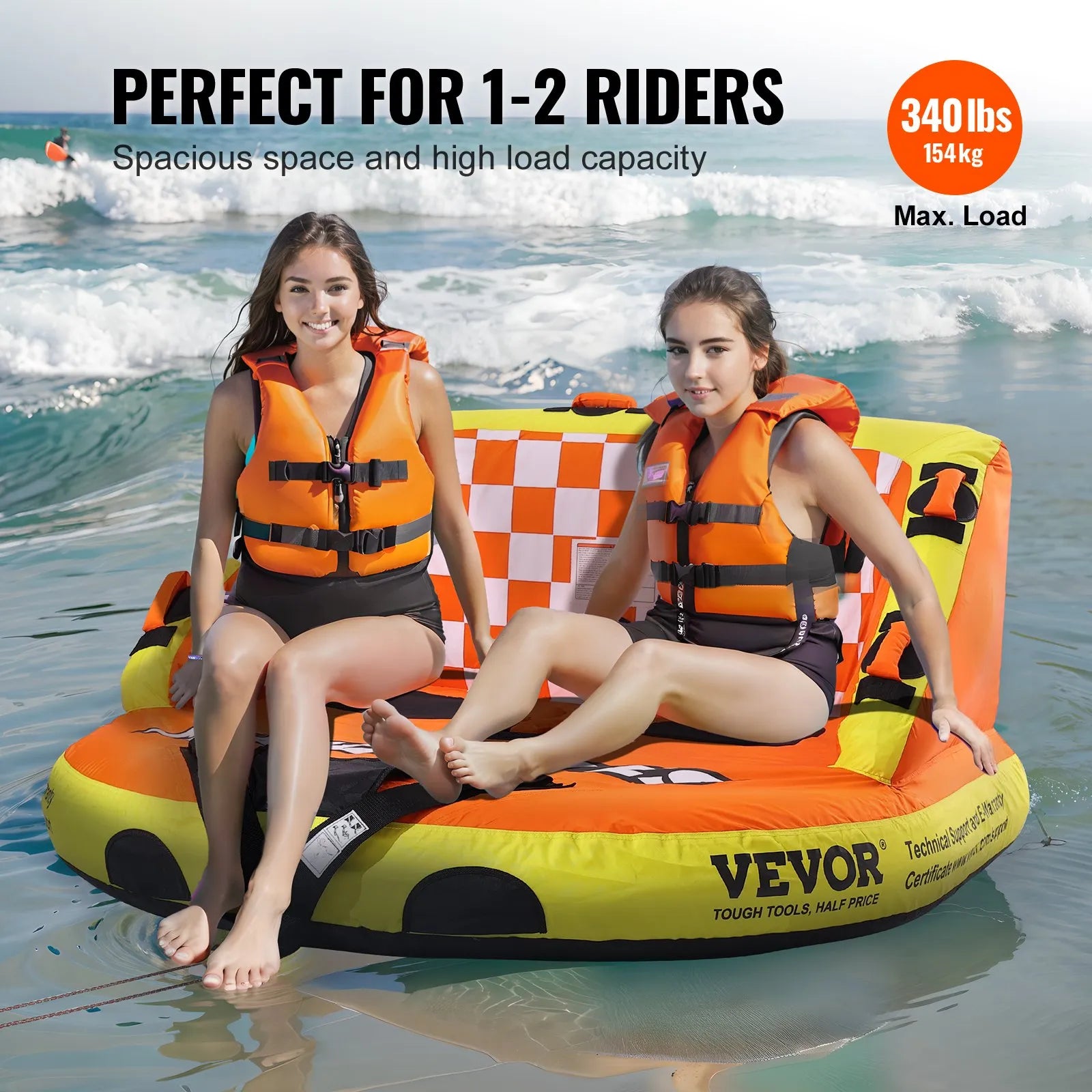 SS-1001 2-Person Towable Boat Tube with Backrest, 340 lb Capacity, Nylon Covered Inflatable Water Tube