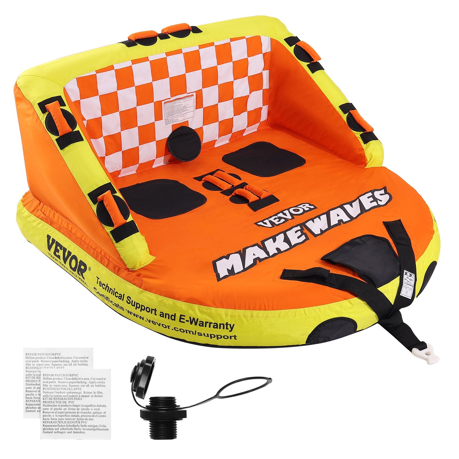 SS-1001 2-Person Towable Boat Tube with Backrest, 340 lb Capacity, Nylon Covered Inflatable Water Tube