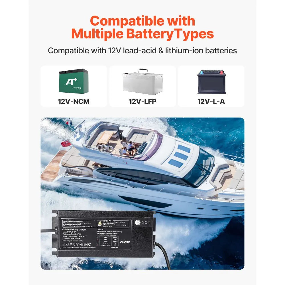UYMC-1P 12V 10A Marine Battery Charger, 1-Bank IP68 Waterproof Smart Onboard Charger for LiFePO4, Lithium-Ion (NCM) & Lead-Acid Batteries – Boat, Yacht, RV & Trailer