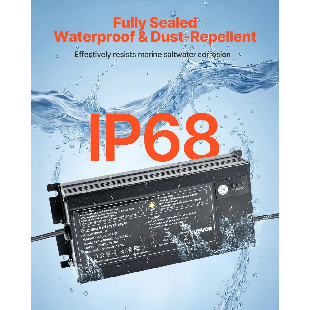 UYMC-1P 12V 10A Marine Battery Charger, 1-Bank IP68 Waterproof Smart Onboard Charger for LiFePO4, Lithium-Ion (NCM) & Lead-Acid Batteries – Boat, Yacht, RV & Trailer