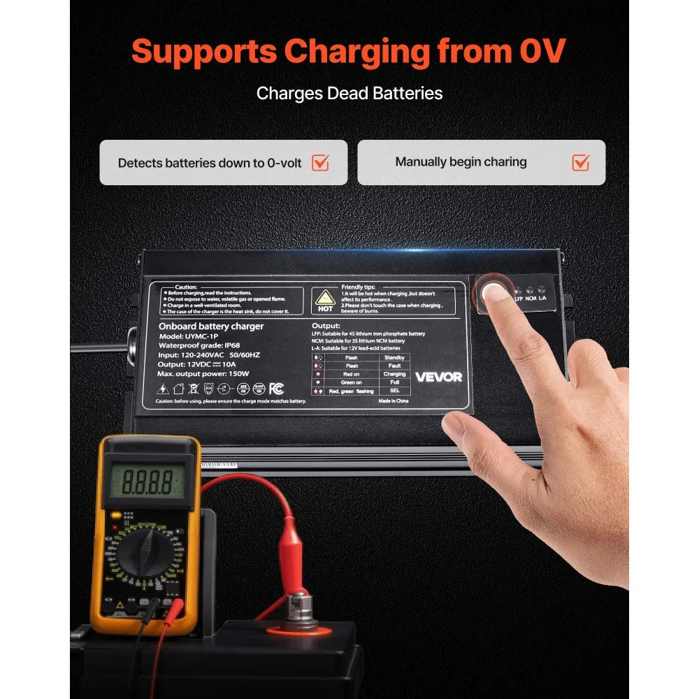 UYMC-1P 12V 10A Marine Battery Charger, 1-Bank IP68 Waterproof Smart Onboard Charger for LiFePO4, Lithium-Ion (NCM) & Lead-Acid Batteries – Boat, Yacht, RV & Trailer