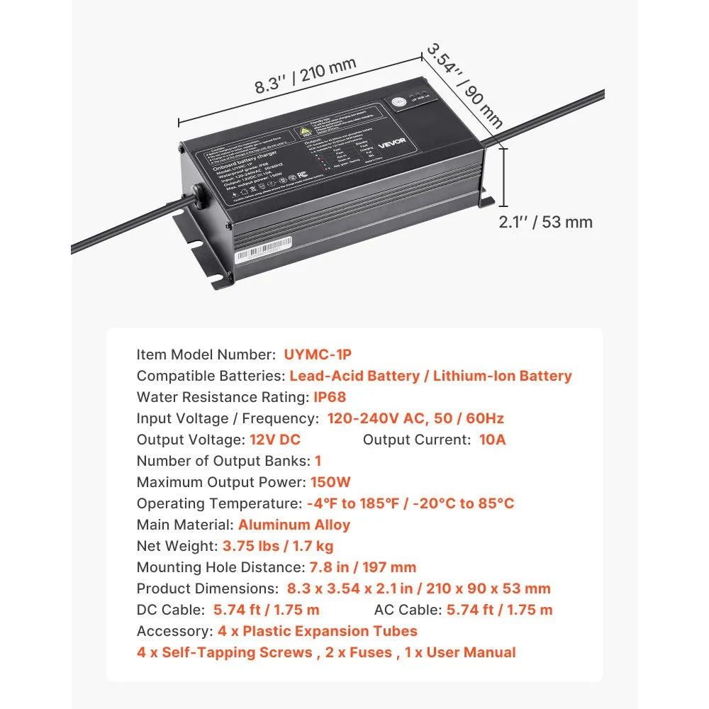 UYMC-1P 12V 10A Marine Battery Charger, 1-Bank IP68 Waterproof Smart Onboard Charger for LiFePO4, Lithium-Ion (NCM) & Lead-Acid Batteries – Boat, Yacht, RV & Trailer