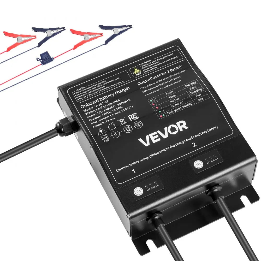 UYMC-2P 2-Bank 10A Marine Battery Charger 12V Onboard | IP68 Waterproof Smart Charger for LiFePO4, NCM & Lead-Acid Batteries – Boat, Yacht, RV & Trailer