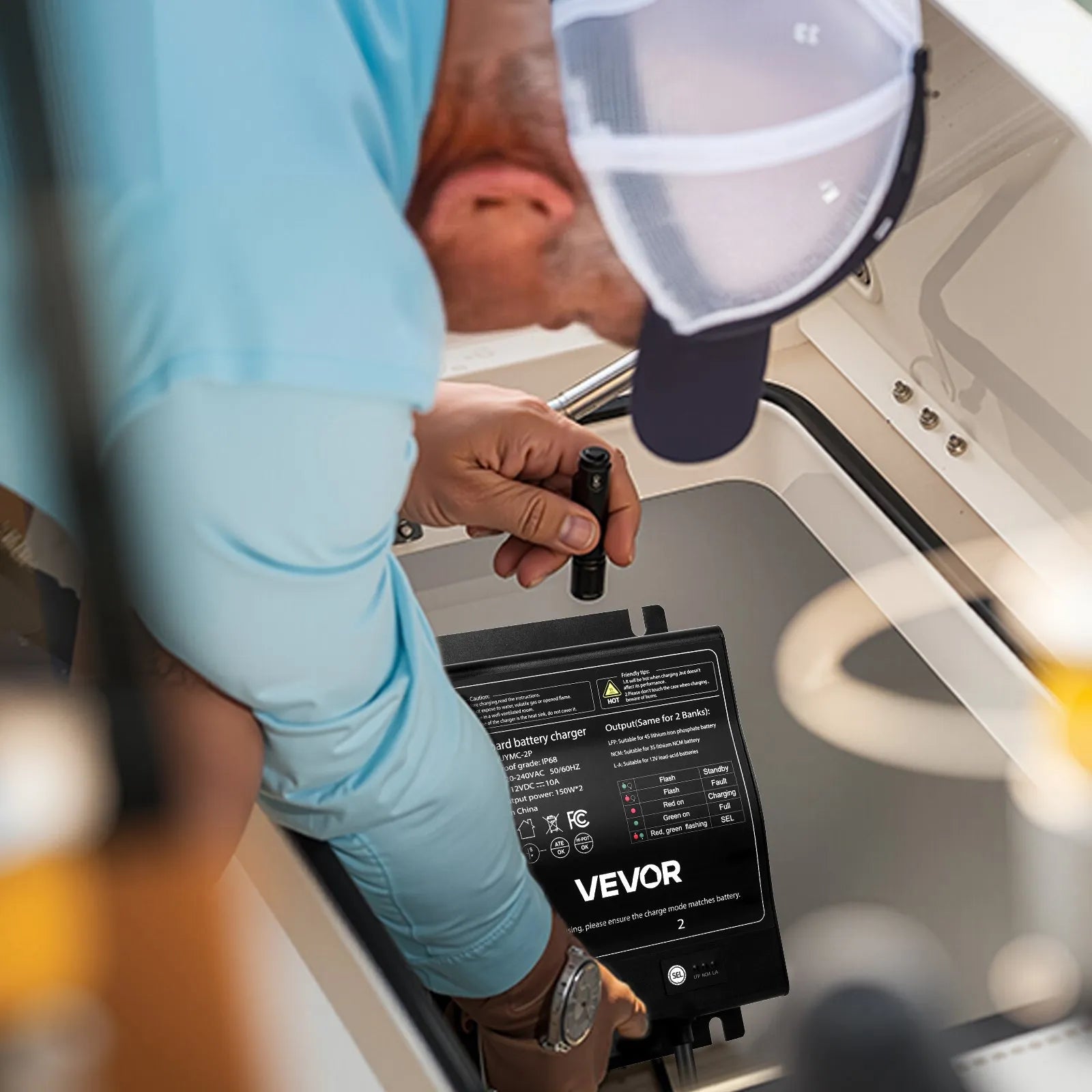 UYMC-2P 2-Bank 10A Marine Battery Charger 12V Onboard | IP68 Waterproof Smart Charger for LiFePO4, NCM & Lead-Acid Batteries – Boat, Yacht, RV & Trailer