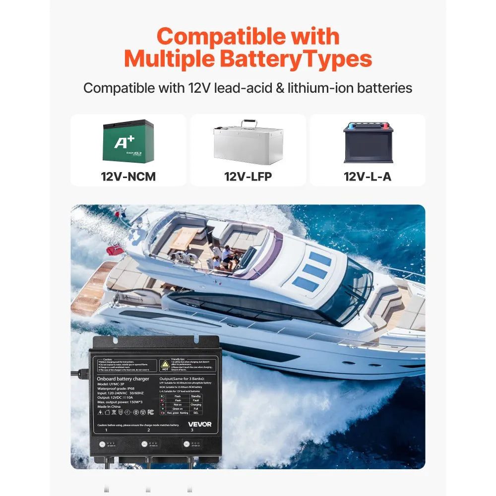 UYMC-3P 3-Bank 12V 10A Marine Battery Charger | IP68 Waterproof Smart Onboard Charger for LiFePO4, NCM & Lead-Acid Batteries – 450W Total Output