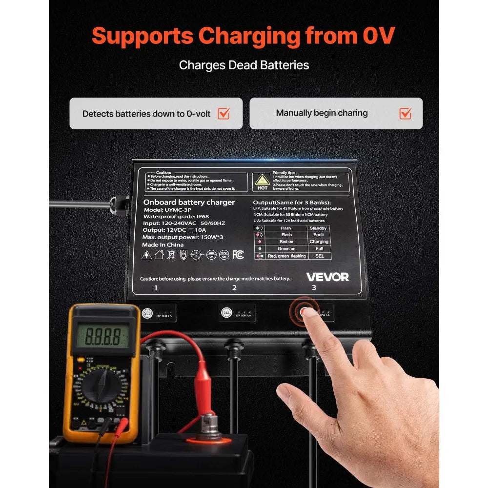UYMC-3P 3-Bank 12V 10A Marine Battery Charger | IP68 Waterproof Smart Onboard Charger for LiFePO4, NCM & Lead-Acid Batteries – 450W Total Output