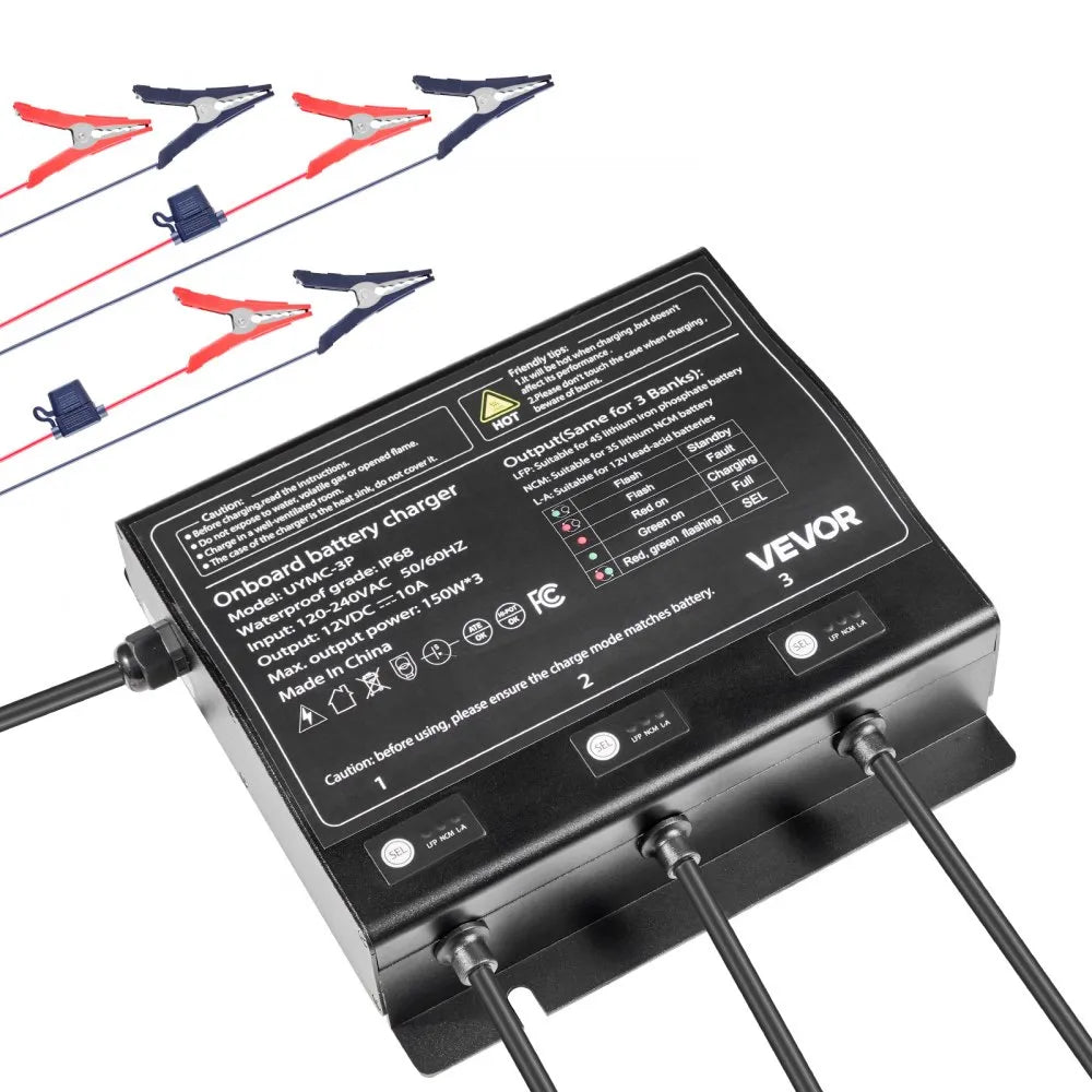 UYMC-3P 3-Bank 12V 10A Marine Battery Charger | IP68 Waterproof Smart Onboard Charger for LiFePO4, NCM & Lead-Acid Batteries – 450W Total Output