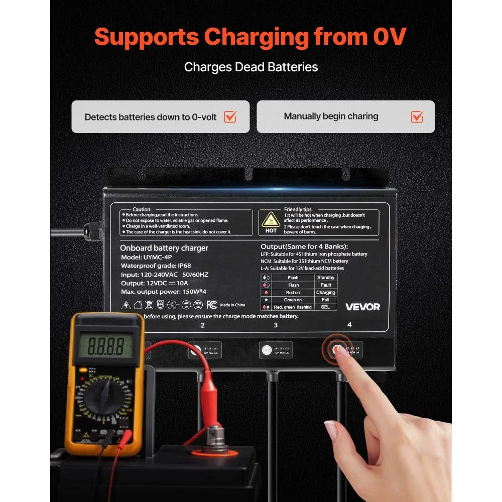 UYMC-4P 4-Bank 12V 10A Marine Battery Charger | IP68 Waterproof Smart On-Board Charger for LiFePO4, Lithium-Ion (NCM) & Lead-Acid Batteries | 600W Total Output