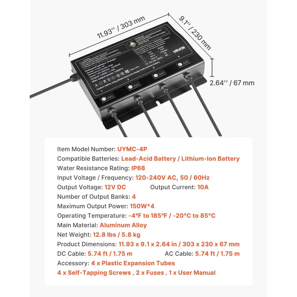 UYMC-4P 4-Bank 12V 10A Marine Battery Charger | IP68 Waterproof Smart On-Board Charger for LiFePO4, Lithium-Ion (NCM) & Lead-Acid Batteries | 600W Total Output