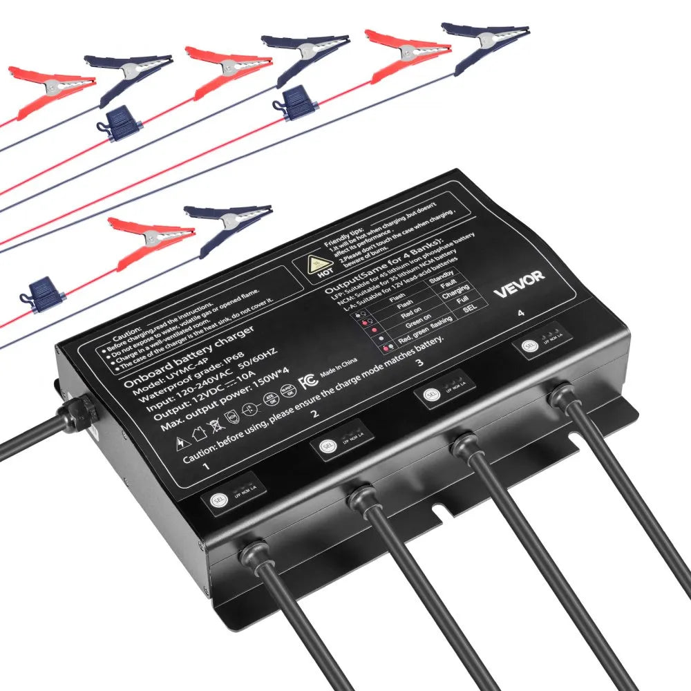 UYMC-4P 4-Bank 12V 10A Marine Battery Charger | IP68 Waterproof Smart On-Board Charger for LiFePO4, Lithium-Ion (NCM) & Lead-Acid Batteries | 600W Total Output